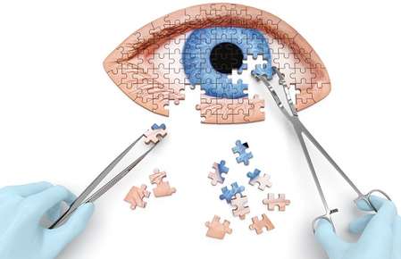 A person wearing surgical gloves uses metal forceps to finish a puzzle of an eye